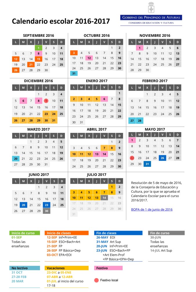 Calendario escolar 2016-17